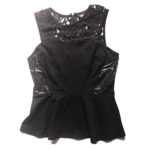 Black faux leather and peplum sleeveless top